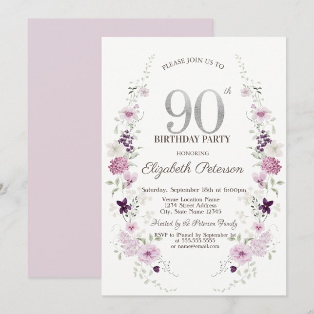 Invitation Fleurs sauvages de lilas à l'aquarelle 90e anniver (Devant / Derrière)
