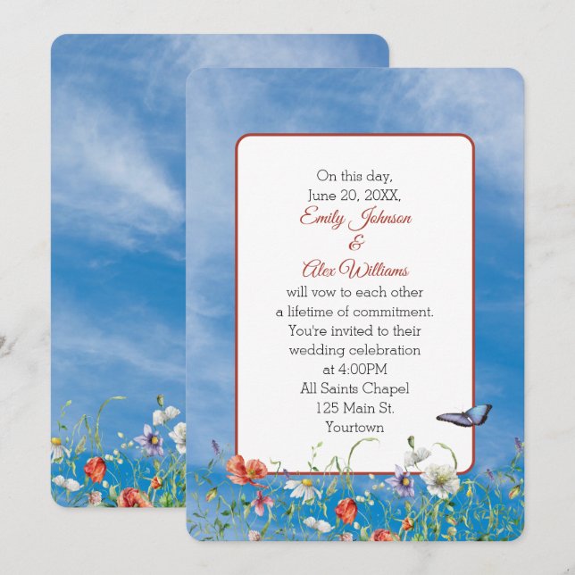 Invitation Fleurs sauvages de mariage sur un ciel d'été (Devant / Derrière)