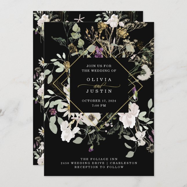 Invitation Fleurs sauvages de minuit | Mariage géométrique no (Devant / Derrière)