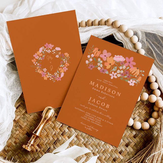 Invitation Fleurs sauvages de prairie boho initiales mariage (Créateur téléchargé)