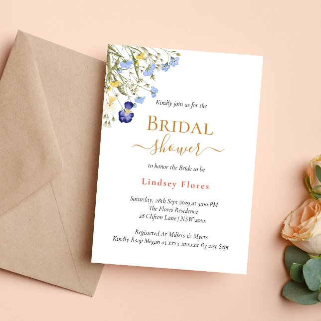 Invitation Fleurs sauvages de prairie estivale dorée Shower d (Summer meadow wildflowers gold invitation brings a fresh, joyful bridal shower vibe)