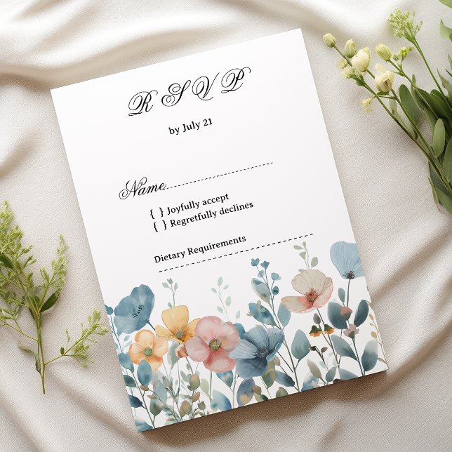 Invitation Fleurs sauvages de printemps rose botanique RSVP (Botanical pink blue spring wildflowers RSVP)