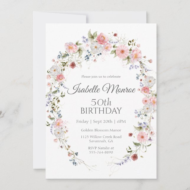Invitation Fleurs sauvages de printemps violettes roses 50e a (Devant)