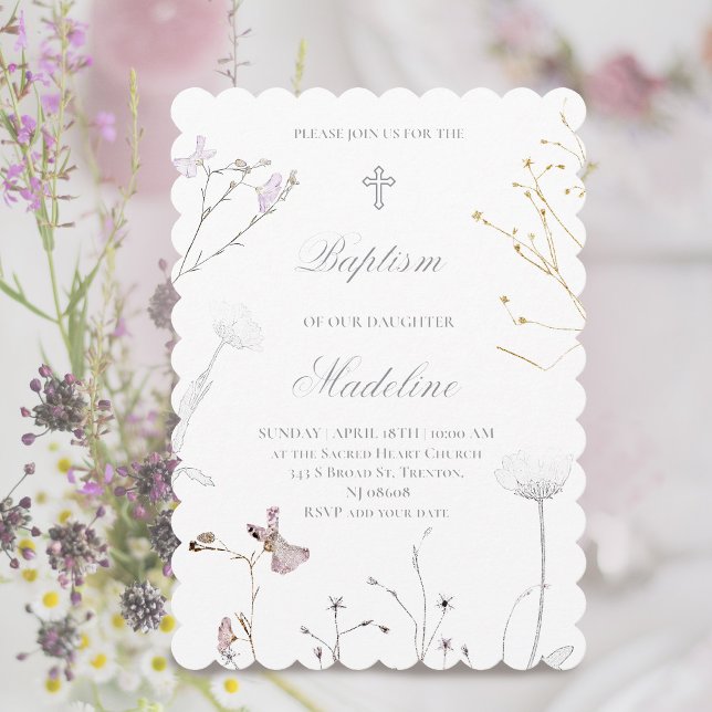 Invitation fleurs sauvages délicates Baptême (Créateur téléchargé)