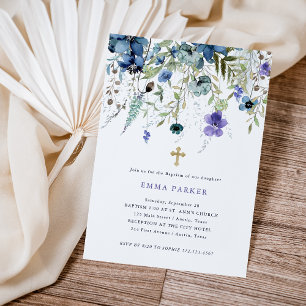 Invitation Fleurs sauvages délicats Baptême pourpre et bleu
