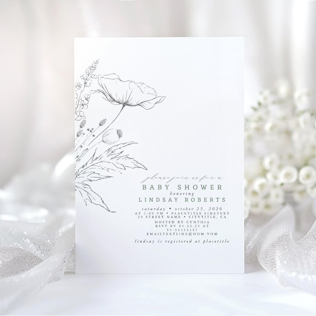 Invitation Fleurs sauvages dessinés à la main Élégant Baby sh (Minimalist Baby Shower Invitations with Wildflowers)