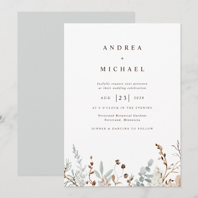 Invitation Fleurs Sauvages d'Hiver Botanical Mariage (Devant / Derrière)