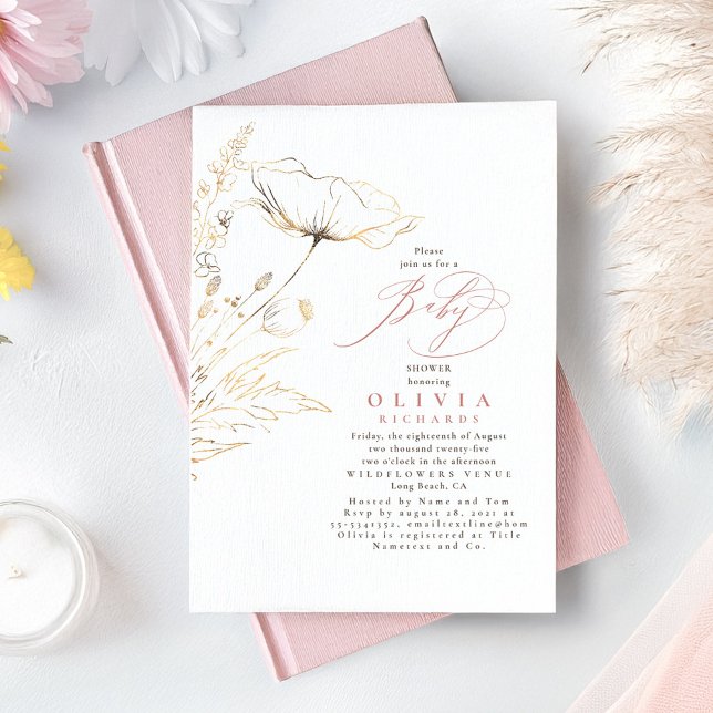 Invitation Fleurs sauvages d'or Dusty Pink Chic Baby shower (Wildflowers Baby Shower Invitation)