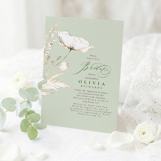 Invitation Fleurs sauvages dorées élégantes pour une douche d (Wildflowers Bridal Shower Invitation Sage Green and Gold Minimalist)