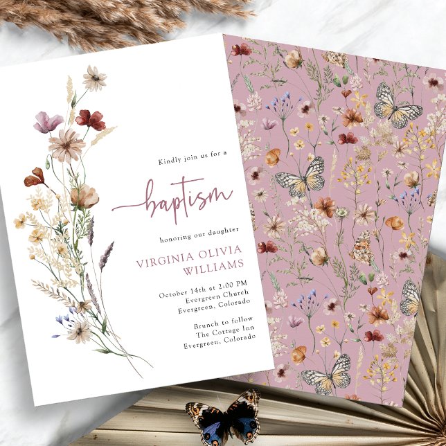 Invitation Fleurs sauvages du baptême rose (Dusty Pink Baptism Wildflowers Invitation by Painted Paperie)