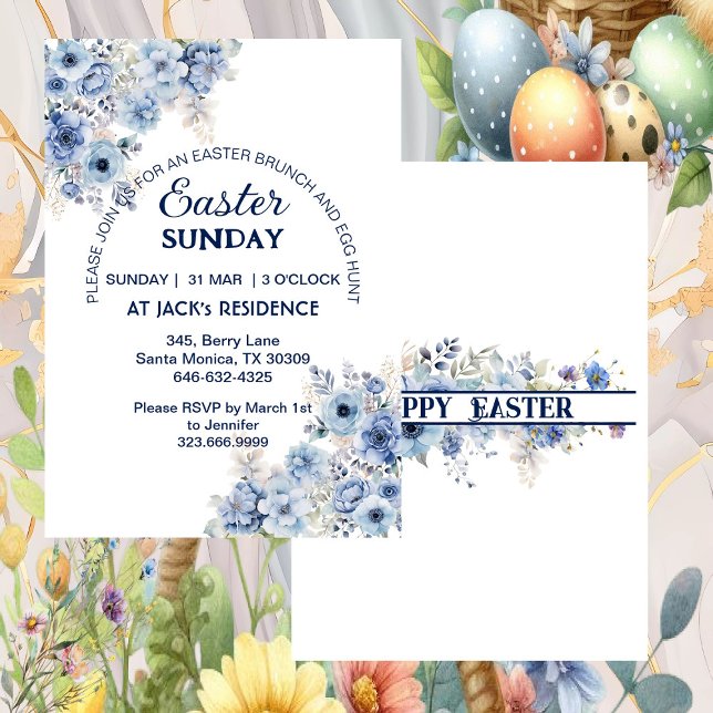 Invitation Fleurs sauvages du Pastel bleu doux Pâques Dimanch (Soft Blue Pastel Wild Flowers Easter Sunday Party Invitation)