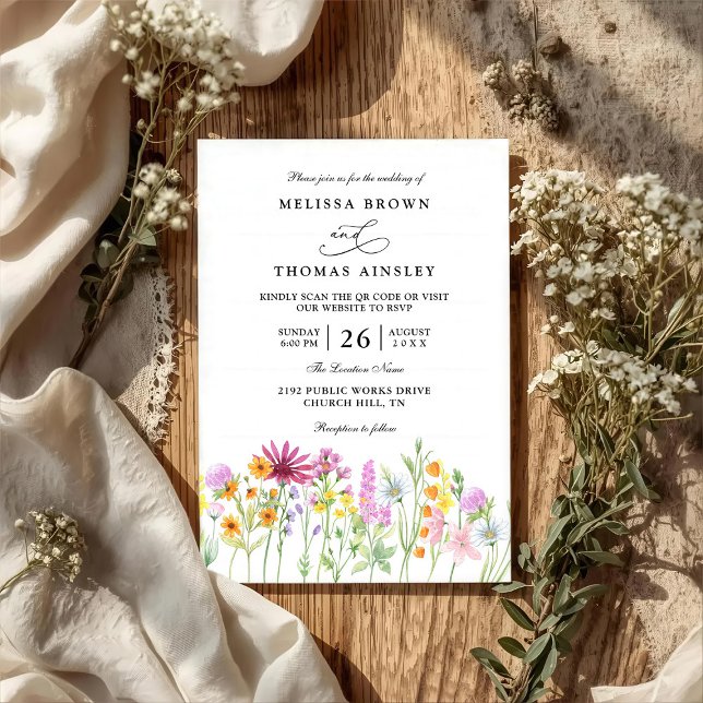 Invitation Fleurs sauvages Élégant Moderne Chic Code QR Maria (Créateur téléchargé)