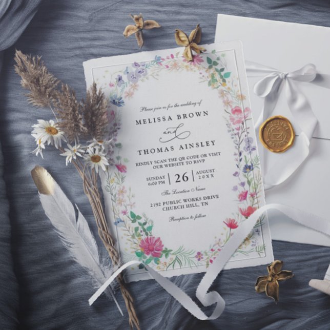 Invitation Fleurs sauvages Élégant Rustique Moderne Code QR M (Créateur téléchargé)