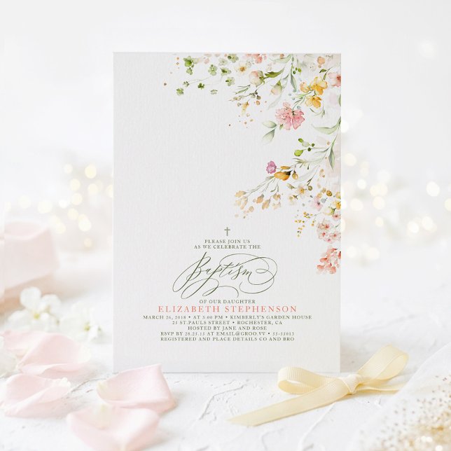 Invitation Fleurs sauvages élégantes de prairie estivale Bapt (Watercolor Wildflowers Elegant Baptism Invitations for Girl)