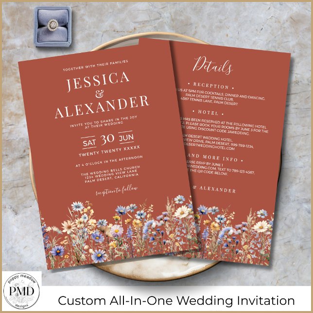 Invitation Fleurs sauvages En Terracotta Tout En Un Mariage É (Terracotta Wildflowers All-In-One Elegant Wedding Invitation with Reception Details on the Back.)