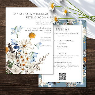 Invitation Fleurs sauvages et marguerites bleu rustique Maria