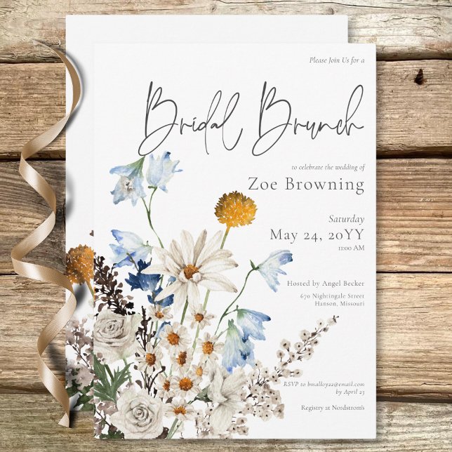 Invitation Fleurs sauvages et marguerites Rustique Bleu Brunc (Rustic Blue Wildflowers & Daisies Bridal Brunch Invitation)