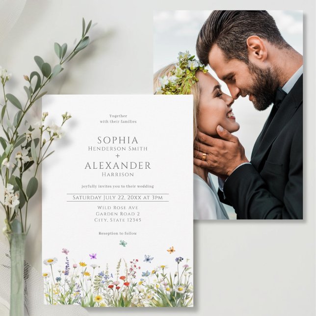 Invitation Fleurs sauvages et Mariage photo (Wildflower and Photo Wedding  Invitation - front and back)