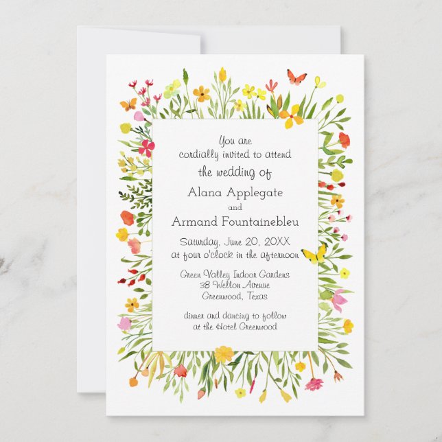 Invitation Fleurs sauvages et papillons Mariage aquarelle (Devant)