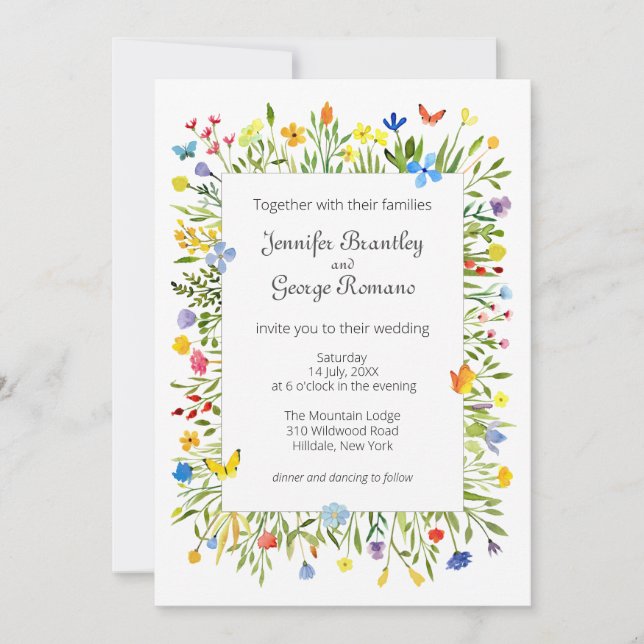 Invitation Fleurs sauvages et papillons Mariage aquarelle (Devant)