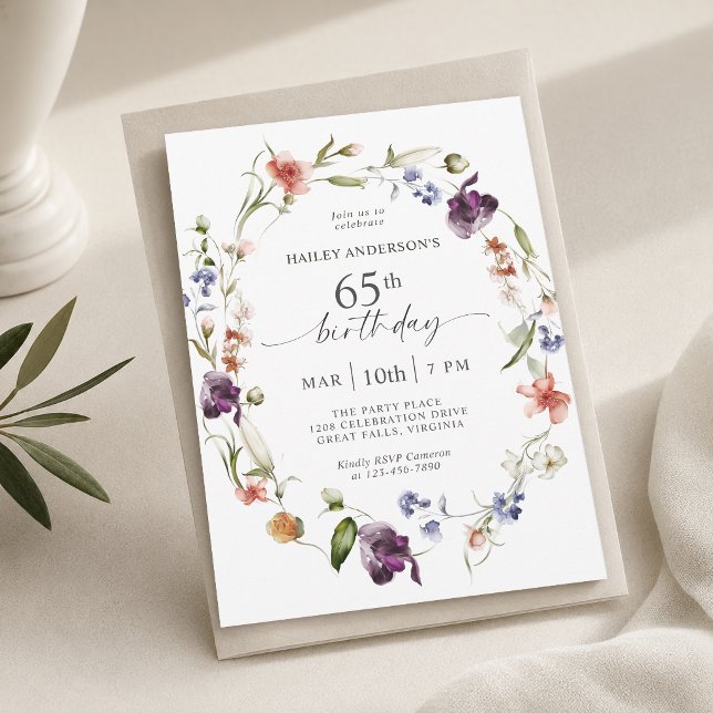 Invitation Fleurs sauvages féminines pour 65e anniversaire  (Invitation may be ordered in both printed and instant download digital formats.)