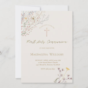 Invitation fleurs sauvages fond gris beige Première Communion