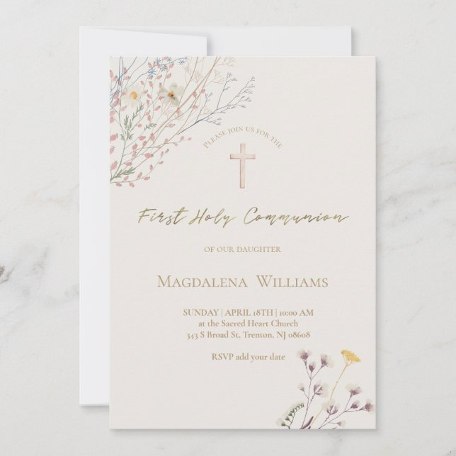 Invitation fleurs sauvages fond gris beige Première Communion (Devant)
