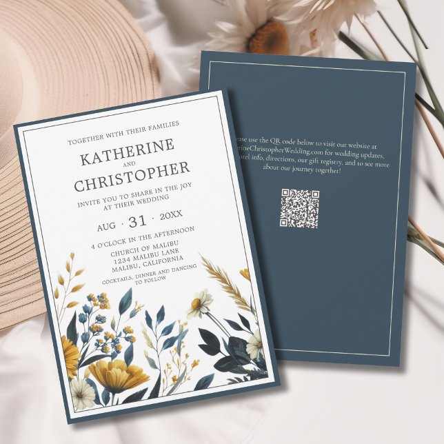 Invitation Fleurs sauvages Jaune Bleu Élégant Mariage formel (Blue Yellow Wildflowers Elegant Save the Date Card with QR Code for Wedding Website.)