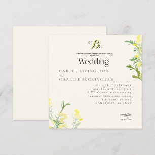 Invitation Fleurs sauvages jaunes Monogramme carré Mariage II
