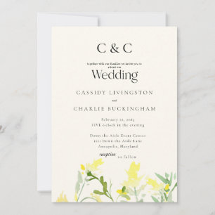 Invitation Fleurs sauvages jaunes Monogramme Mariage Crème