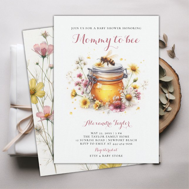 Invitation Fleurs sauvages maman à être miel bébé fille douch (mommy to bee baby girl shower invitation watercolor illustration cute adorable whimsical wildflowers)