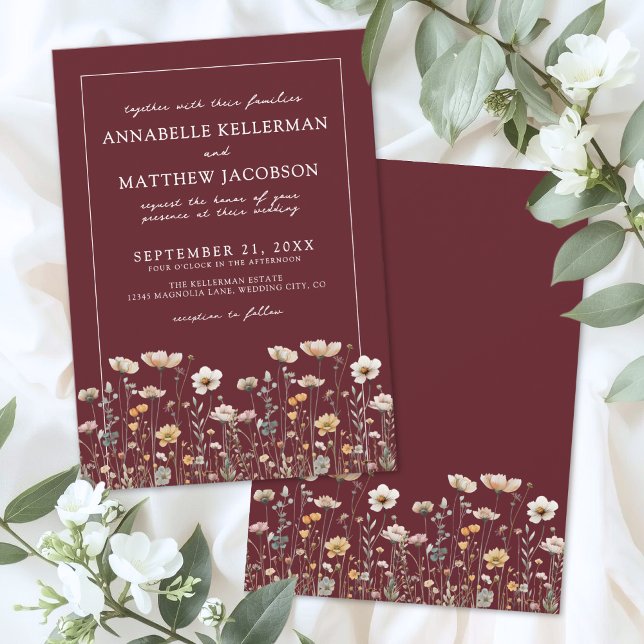 Invitation Fleurs Sauvages Mariage Floral Bourgogne (Wildflower Burgundy Floral Wedding Invitation)