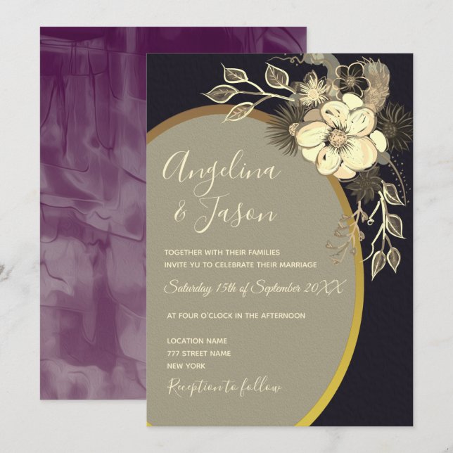 Invitation Fleurs sauvages Mariage or et noir (Devant / Derrière)