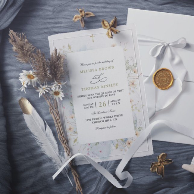 Invitation Fleurs sauvages Mariage QR Code Élégant Rustique B (Créateur téléchargé)