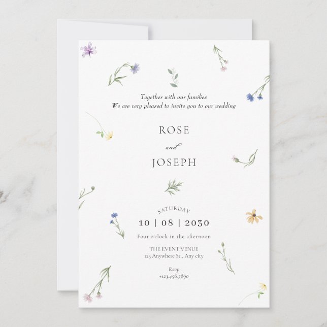 Invitation Fleurs sauvages minimaliste mariage élégant (Devant)