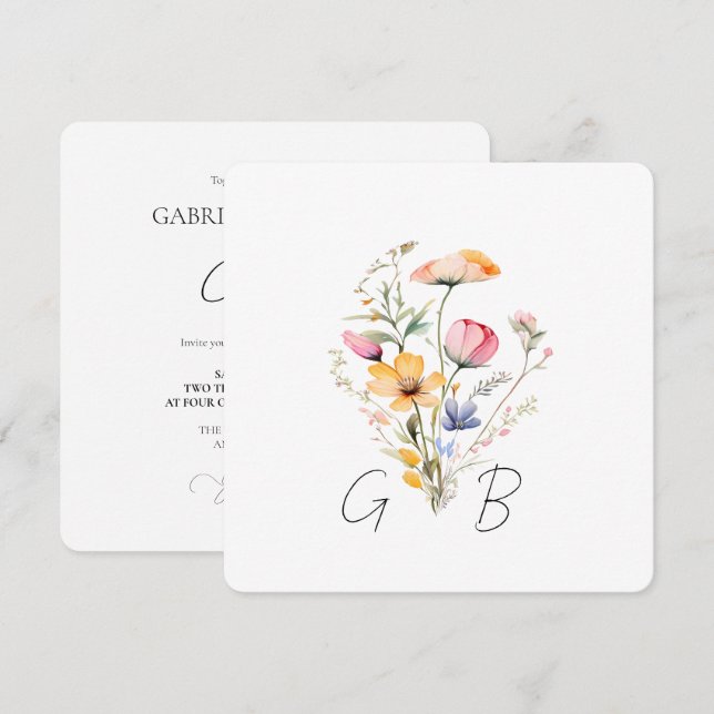 Invitation Fleurs Sauvages Monogramme Carré Mariage (Devant / Derrière)