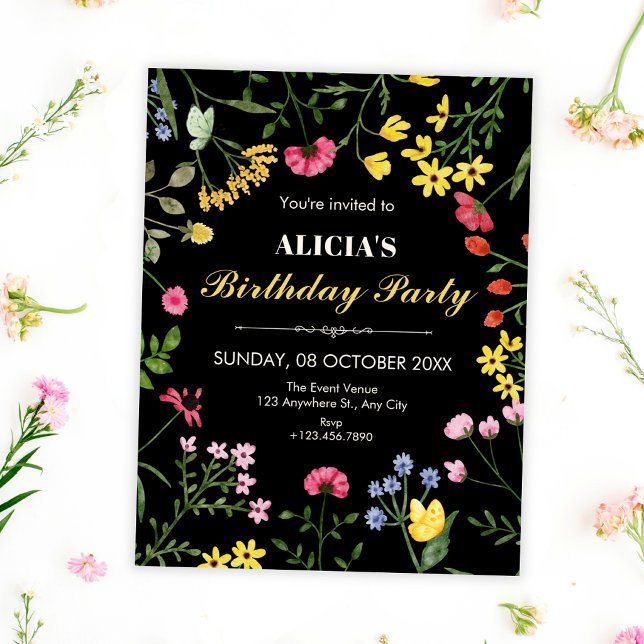 Invitation Fleurs sauvages noires anniversaire (Créateur téléchargé)