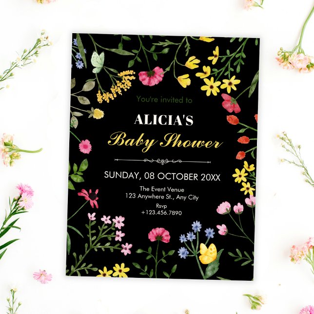 Invitation Fleurs sauvages noires Baby shower (Créateur téléchargé)