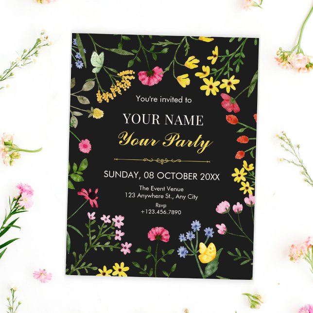 Invitation fleurs sauvages noires colorées (Créateur téléchargé)