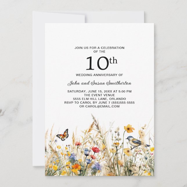 Invitation Fleurs sauvages Oiseaux Papillons 10e anniversaire (Devant)