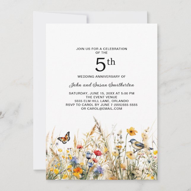 Invitation Fleurs sauvages Oiseaux Papillons 5e anniversaire (Devant)
