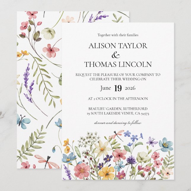 Invitation Fleurs sauvages papillon et libellule Mariage  (Devant / Derrière)