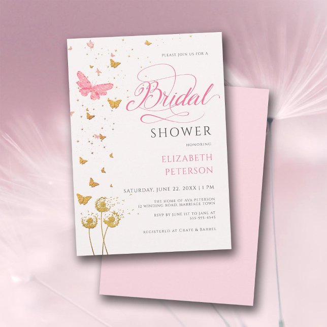 Invitation Fleurs sauvages papillons Boho Garden Fête des mar (pink and gold bridal shower invitation butterflies wildflowers elegant romantic boho rustic chic)