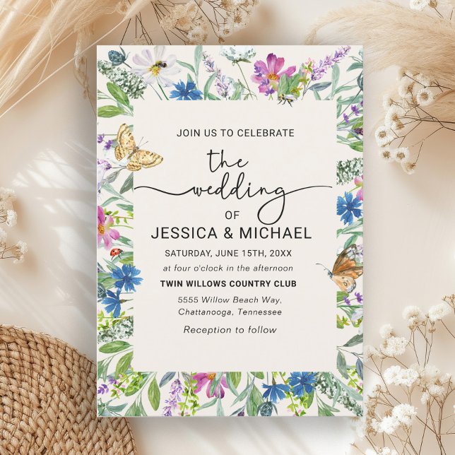 Invitation Fleurs sauvages Papillons Cadre Manuscrit  (Wildflowers and butterflies wedding invitation)