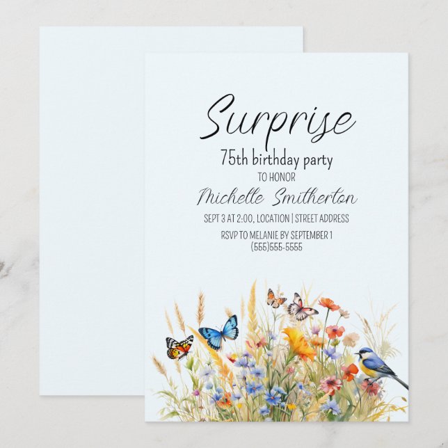 Invitation Fleurs sauvages Papillons Oiseaux Surprise 75e  (Devant / Derrière)