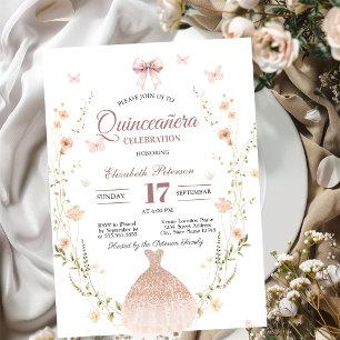 Invitation Fleurs sauvages Papillons Robe Nœud Quinceanera