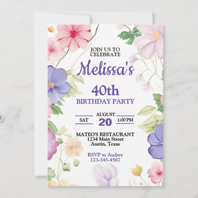 Invitation Fleurs sauvages pastel rose et violet pour anniver (Devant)