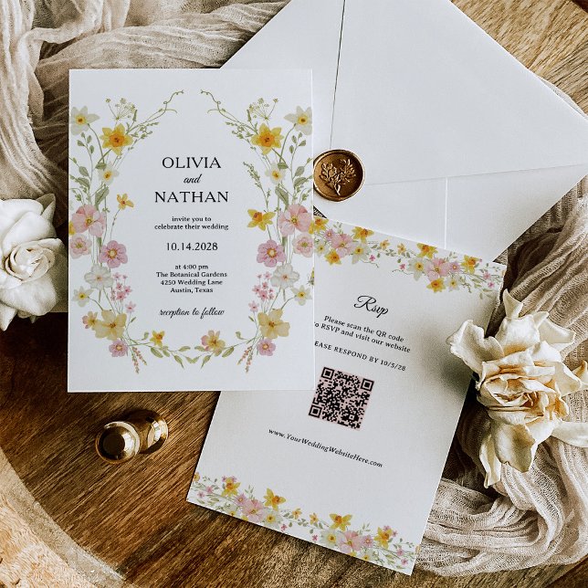 Invitation Fleurs sauvages pastel | RSVP Code QR Mariage flor (Créateur téléchargé)