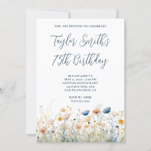 Invitation Fleurs sauvages pêche bleu poussiéreux 75e anniver