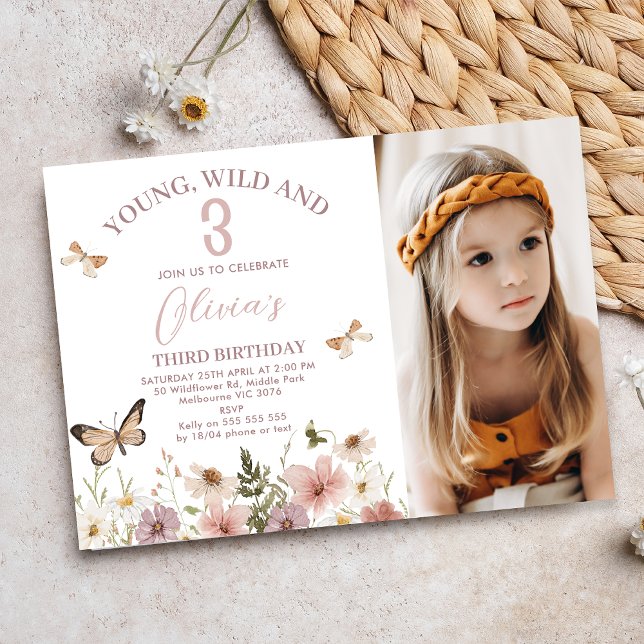 Invitation Fleurs sauvages photo rose rustique 3e anniversair (Young, wild and three themed 3rd Birthday invitation, Wildflowers 3rd Birthday Invitation Template)